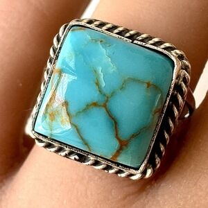 Navajo Turquoise Ring Sz 9 Signed W‎ Fish Sterling Native American Square